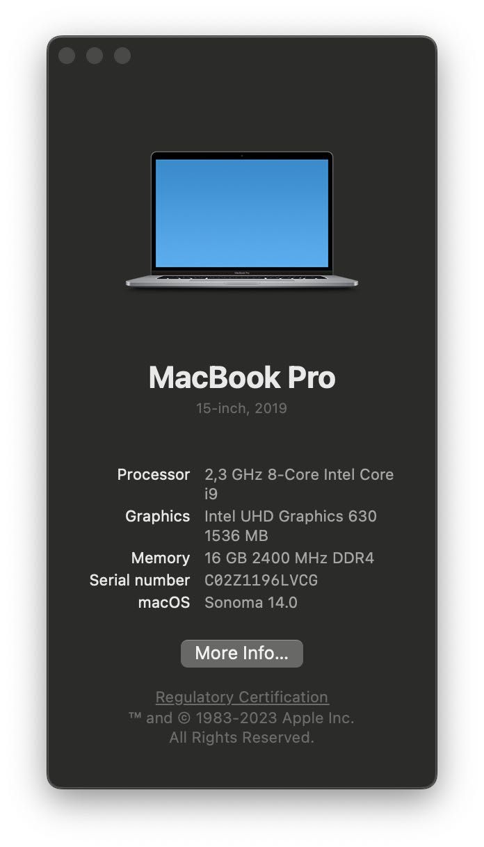 MacBook Pro 15 inch 2019 i9/16GB/512