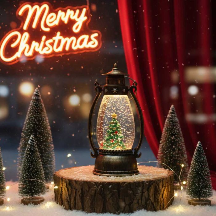 Ретро LED коледен фенер с падащ сняг