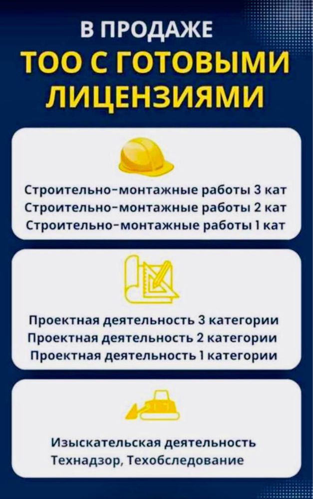 Продам ТОО 3, 2, 1 категории СМР, Проектирование (Пд , Пр, Псд,Пир ИД)