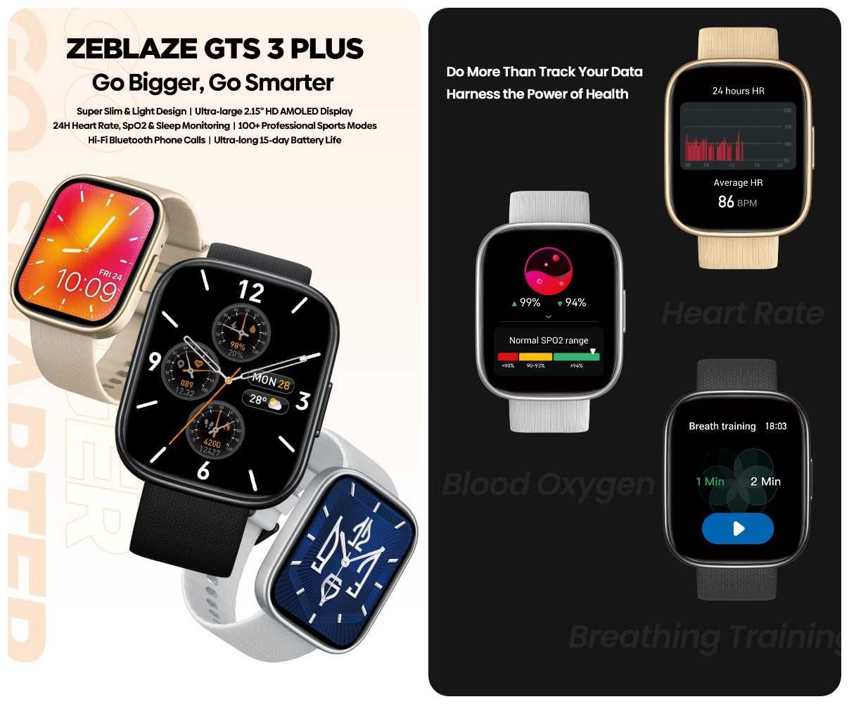 Смарт часовник Zeblaze GTS 3 PLUS, 2.15'',Разговори,Водоуст. Сив НОВ