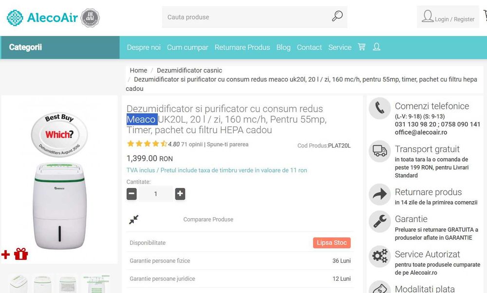 dezumidificator Meaco 20L -aproape nou