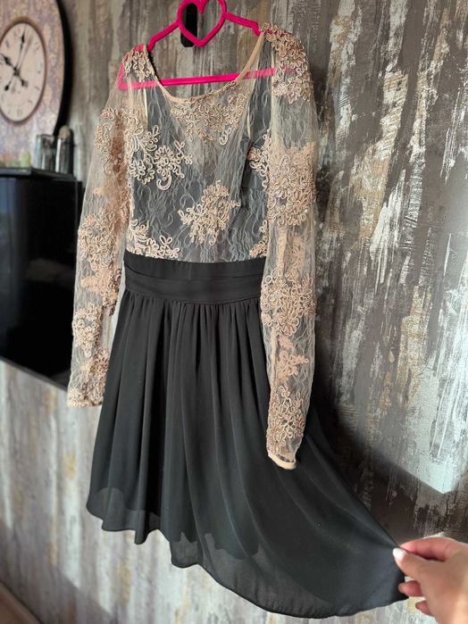 Rochie de seara cu dantela bej  si voal negru NOUA_marime 36