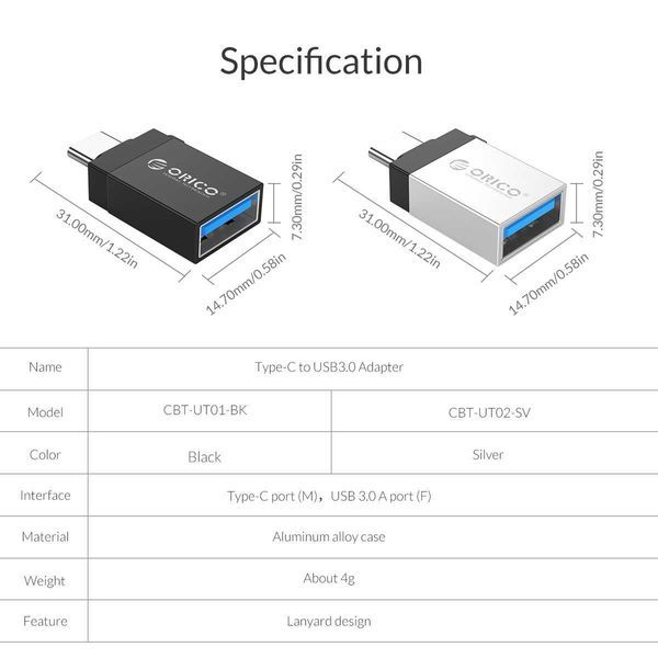 Orico Adapter OTG USB3.0 AF / Type-C  (USB 3.0) Адаптер - CBT-UT01-BK