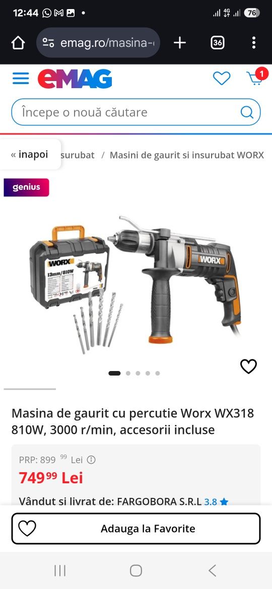 Masina de gaurit cu percutie Worx WX318 810W, 3000 r/min, accesorii in