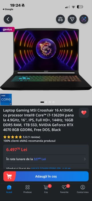 Laptop Gaming MSI Crosshair 16 (Nou) RTX4070 8GB