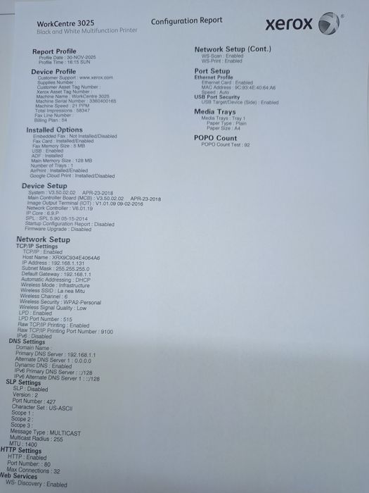 Imprimanta laser wireless + scanner Xerox 3025 + 2 tonere noi