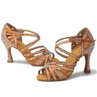 Pantofi de Dans Latino din Satin Bronz cu Strasuri  Toc 7.5cm