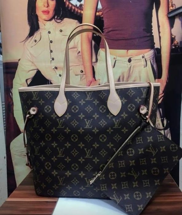 Geanta Louis Vuitton Neverfull, portofel simplu atasat, saculet, etich