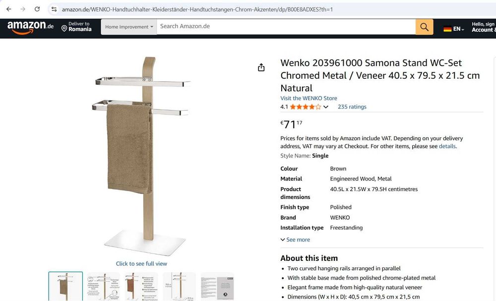 Suport prosoape Wenko Samona 203961000 din metal cromat / furnir