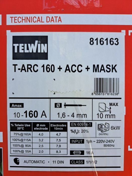 Aparat de sudura Telwin invertor T-ARC 160 230V + Masca Cod: 816163
