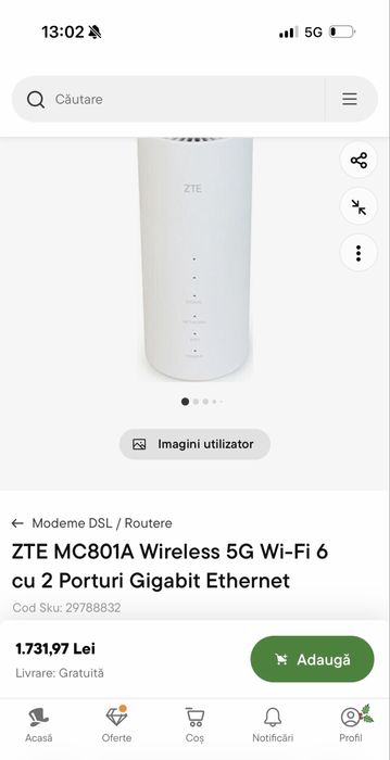 ZTE MC801A Wireless 5G Wi-Fi 6 cu 2 Porturi Gigabit Ethernet, sigilat!