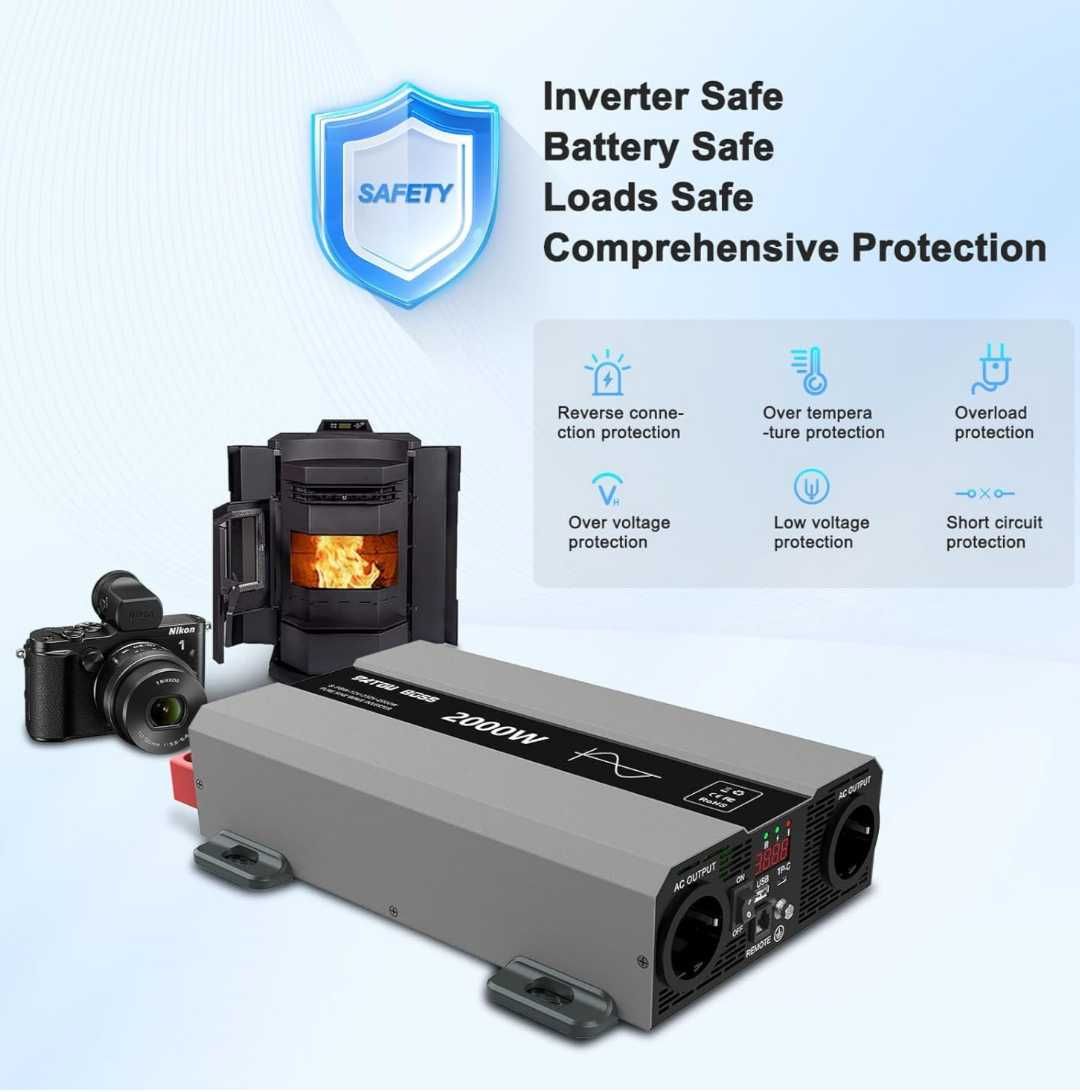 DATOUBOSS Инвертор 12V към 230V Чиста синусоида 2000W  2 AC контактa