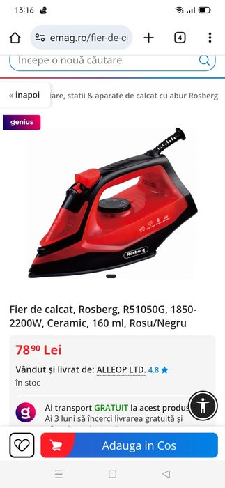 Rosberg Fier de Călcat cu Aburi 2200W cu Talpă Ceramică Red