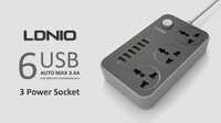 Сетевой фильтр 2 метра LDNIO SC3604 3 евро розетки 220V 6 USB портов