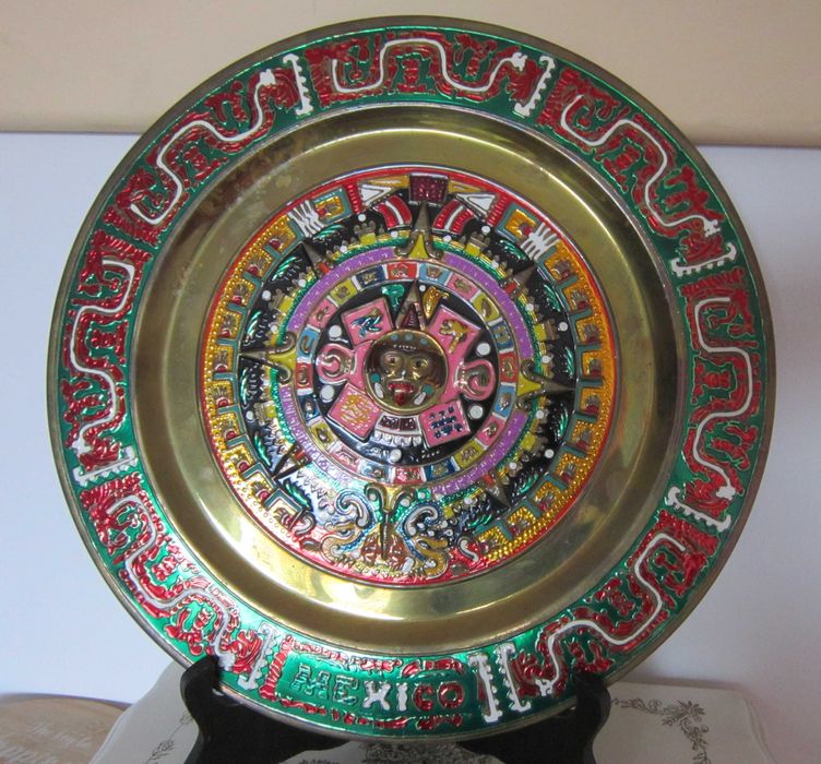 cadou rar Plate Calendar Aztec Maya bronz pictat email Mexic 1980