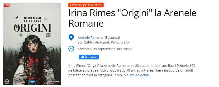 Irina Rimes "Origini" la Arenele Romane - 28 Septembrie