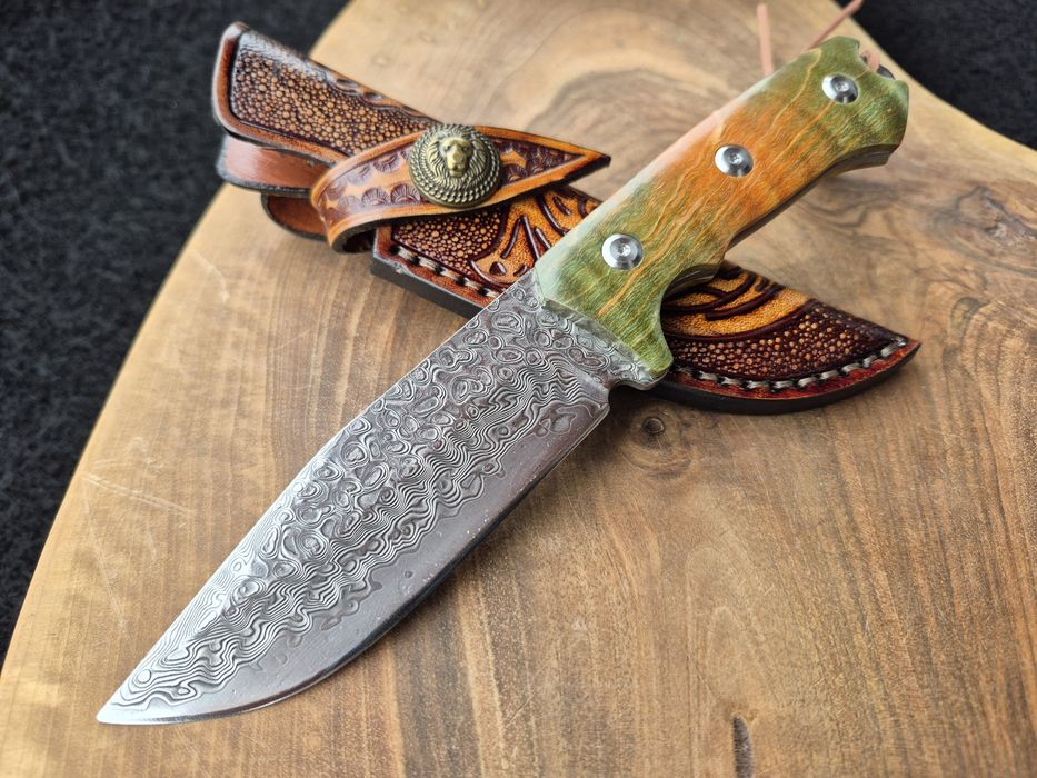 Уникален ловен нож дамаска стомана,фултанг с кожена кания LN422