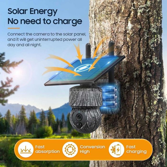 8MP камуфлажна безжична PTZ соларна камера 4G SIM със слънчев панел