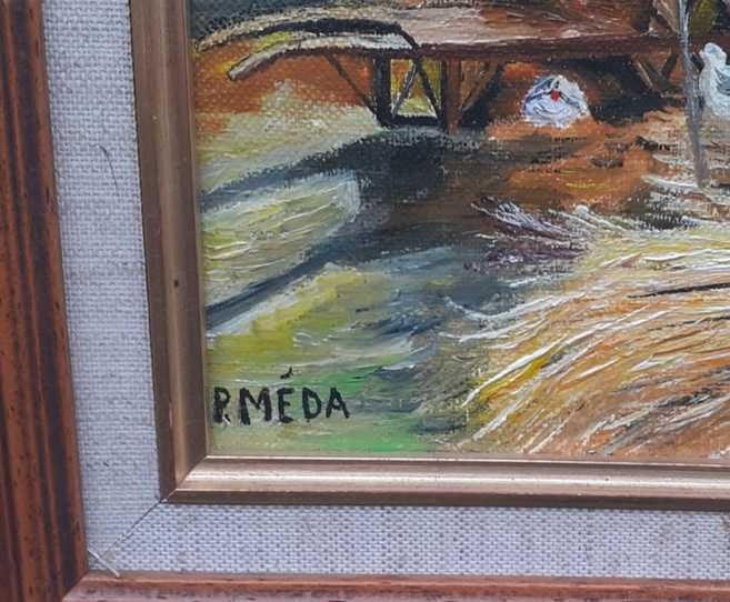 Tablou vechi - viata la sat - semnat P. Meda
