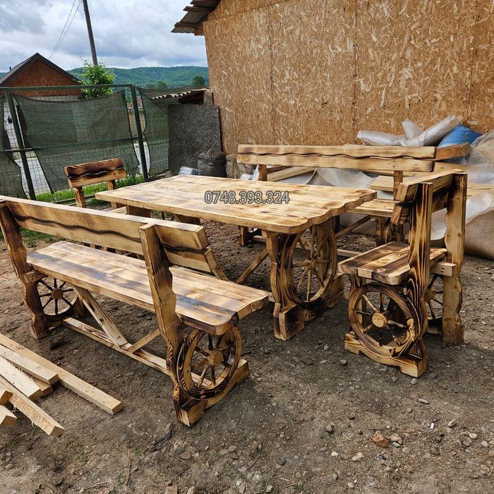 Set masa cu scaune  bănci  lemn masiv terasa foișor