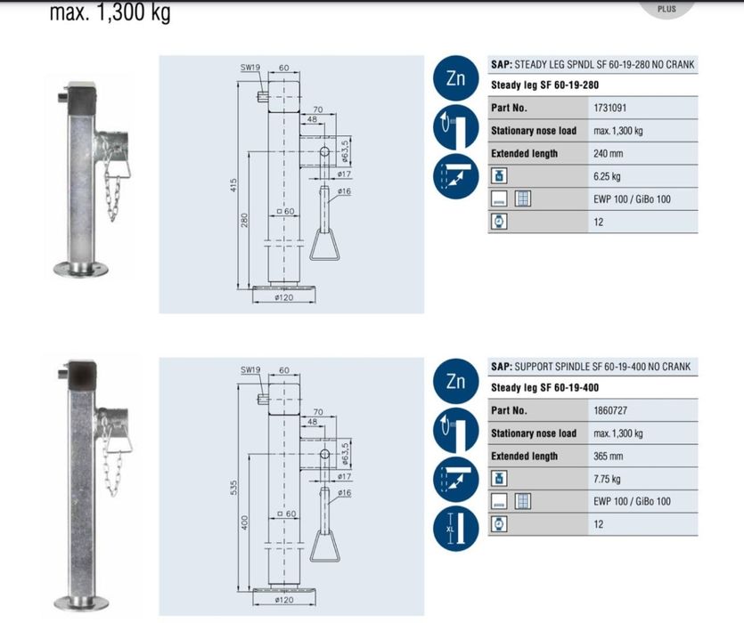 KNOTT Телескопична опорна стойка 1300км. За ремаркета и Платформи