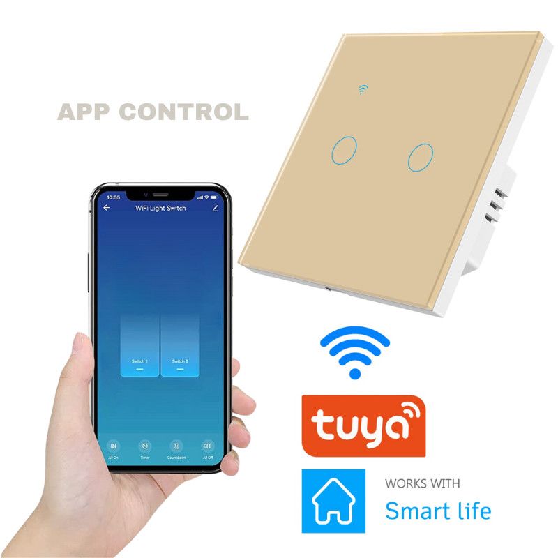 Intrerupator smart touch iUni 2F, Wi-Fi, Sticla, LED, Gold