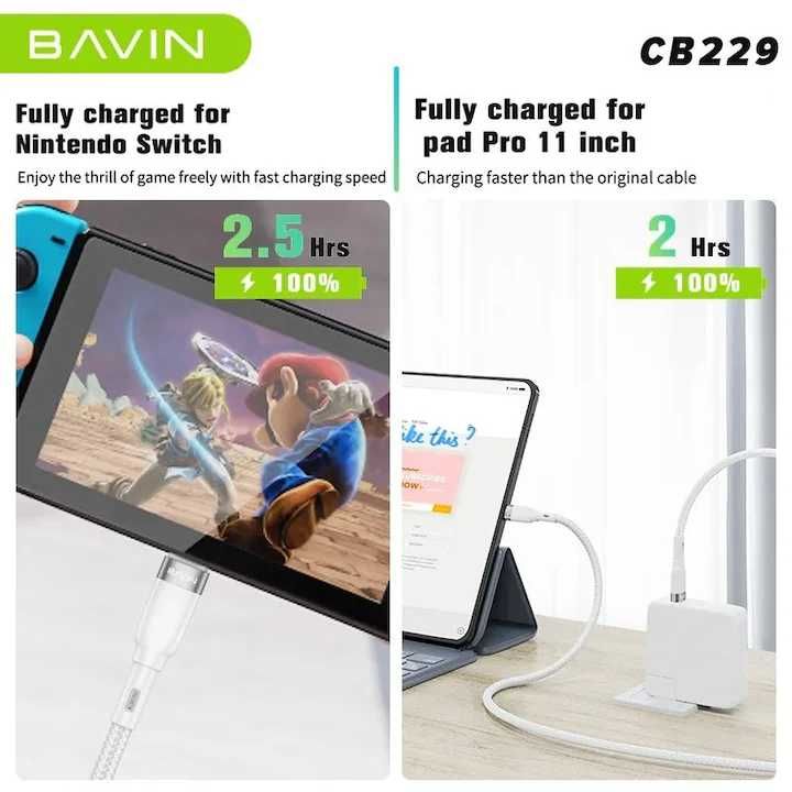 Cablu  date si incarcare rapida Bavin CB229 USB-C la USB-C, 100W,1, 5m