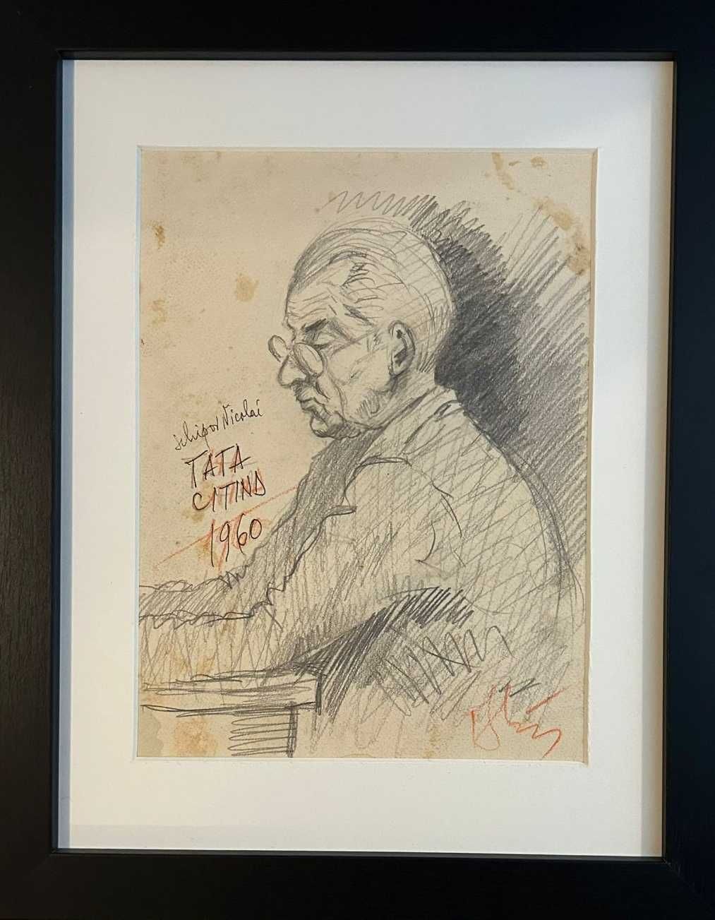 Tablou 1960 Portret Tata citind Grafica in creion inramat 33x41cm