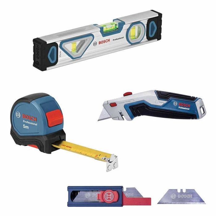 ПРОМОЦИЯ!Ръчни инструменти - макетен нож,ролетка,нивелир и резци Bosch