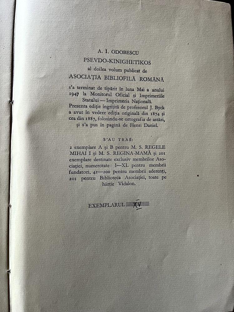 Pseudo Kinighetikos ,Odobescu , 1947 , ediție Bibliofilă ,Carte veche