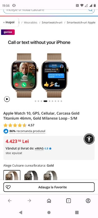 Apple Watch 10, GPS, Cellular, Carcasa Gold Titanium 46mm, Gold Milane