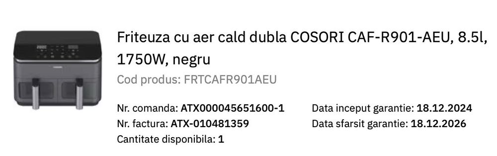 Friteuza cu aer cald dubla COSORI CAF-R901-AEU, 8.5l, 1750W, negru