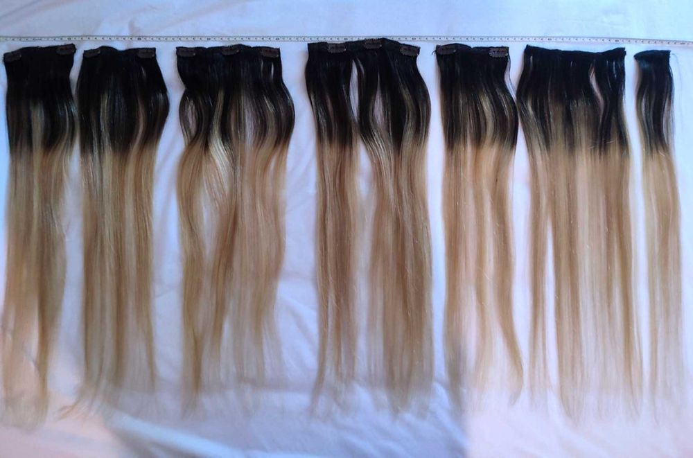 Естествена коса на редове с клипси, омбре, екстеншъни, коси, 100г/50см