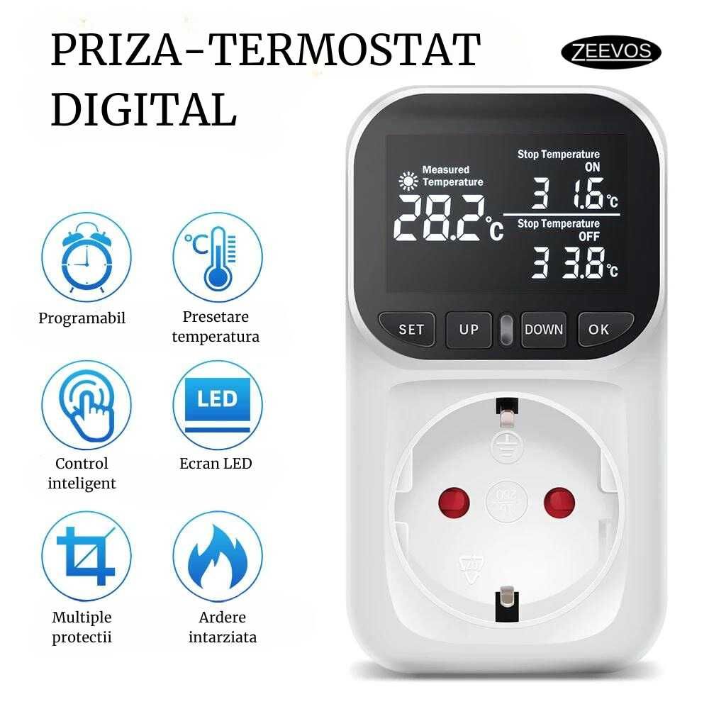 Priza inteligenta cu termostat, programabila, senzor de temperatura