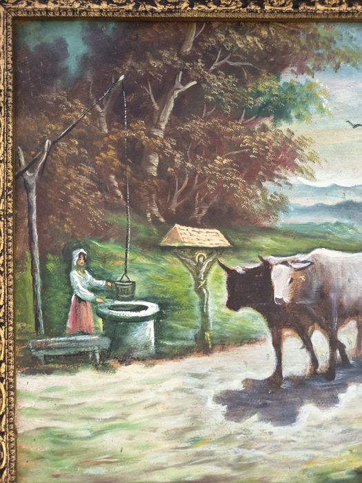 Tablou Vechi Romanesc "Car Cu Boi" Pictat