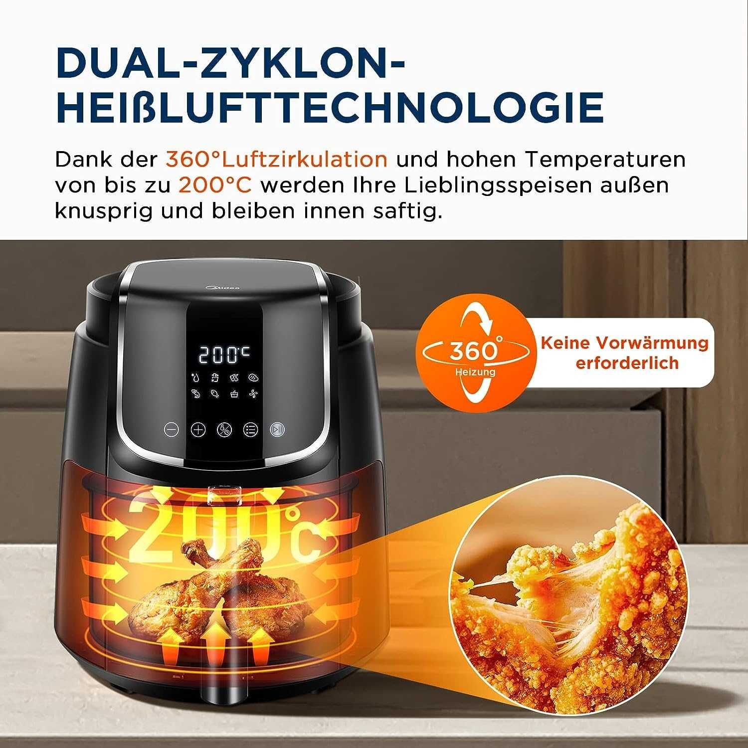 Фритюрник с горещ въздух Midea, 4л., 1500W, 8 програми, НОВО
