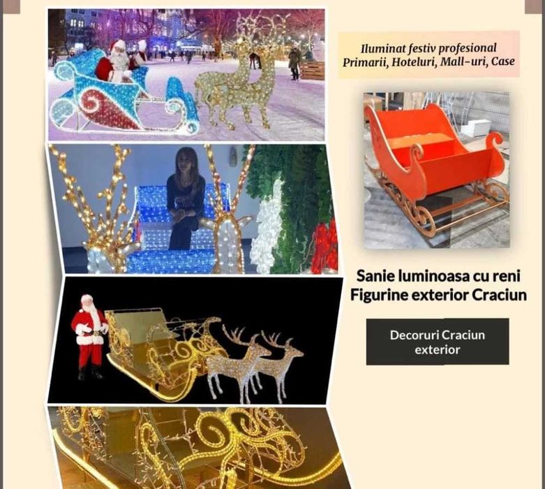 Sanie luminoasa cu reni, sanii luminoase de exterior, iluminat Craciun