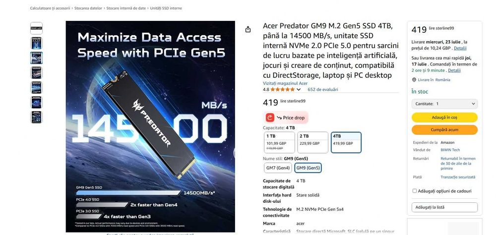 Ssd Acer Predator GM9 de  4TB PCIe 5.0, NVMe , 14500 mb/s -noi