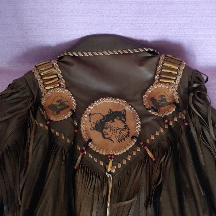 Costum piele cu franjuri si impletituri Handmade marime 52-54 unicat