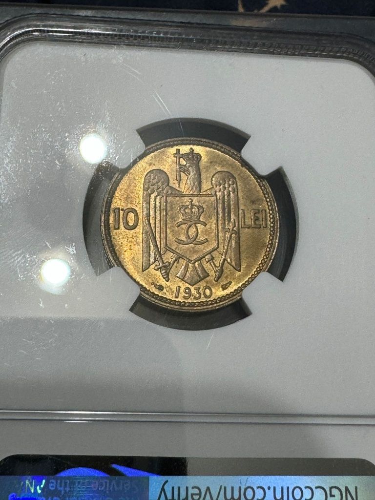 Moneda Romania 10 lei 1930 Carol II gradata NGC MS65