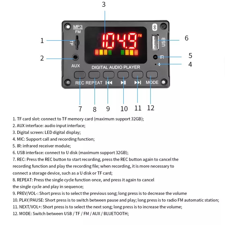 Мп3 плеър 2*40 W, DC 7V/26V, Bluetooth 5.0 за вграждане папки,Tf, Usb