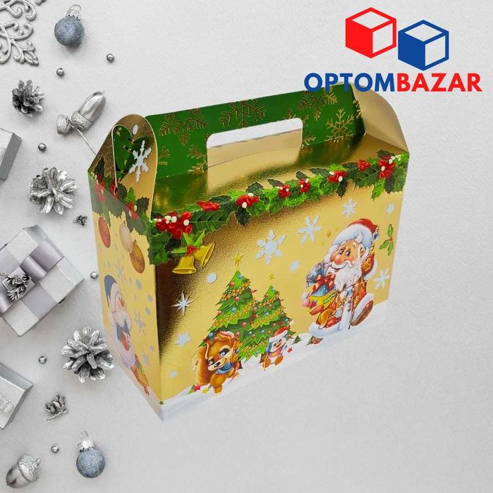 Yangi yil sovg'a qutisi Qizil rangli, archa va sovg'alar.