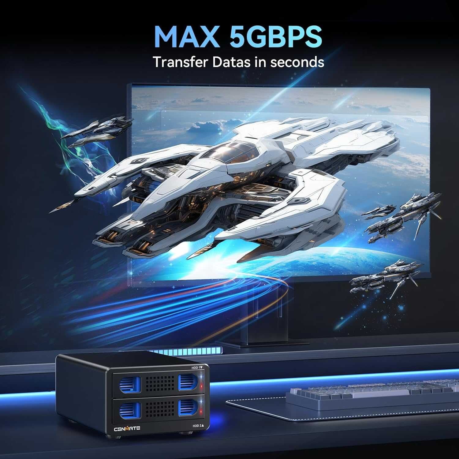 Кутия за твърд диск с 2 слота и вентилатор за 2.5/3.5 SATA