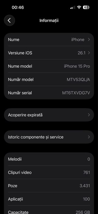 iPhone 15 PRO, 256 Gb, baterie 88%, Full Box, stare CA NOU/ Schimb