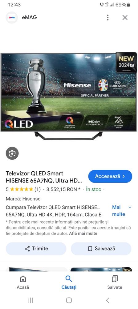 Vand hisense de 164 diagonala