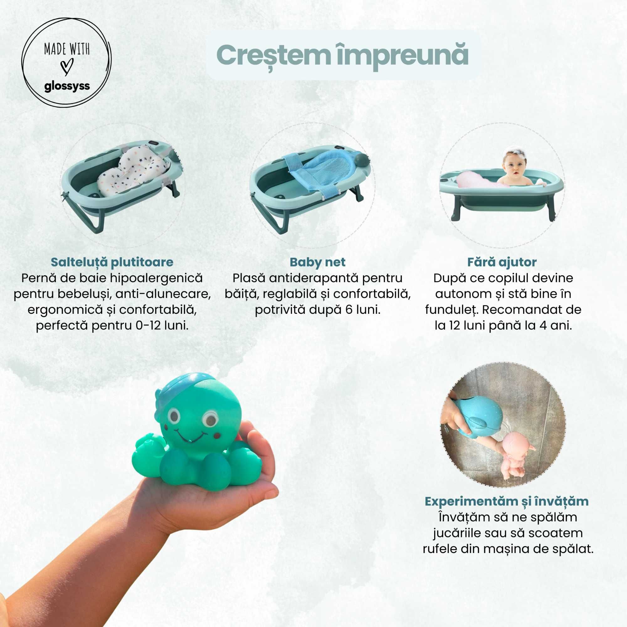 Cadita Pliabila si Evolutiva pentru baie bebe - 8 piese, Verde