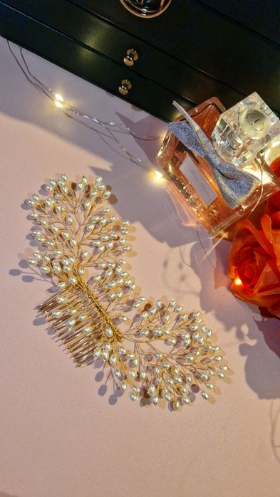 Pieptene par mireasa eveniment cu perle auriu