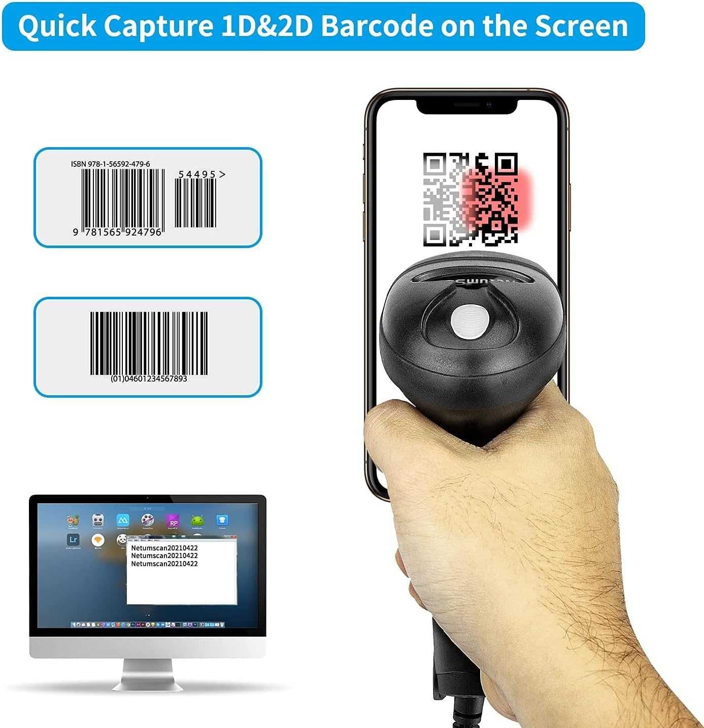 Scanner de coduri de bare 2D NetumScan cu cablu USB pentru PC/laptop