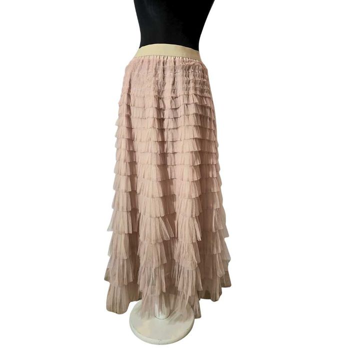 Fusta maxi din tulle cu volane bej