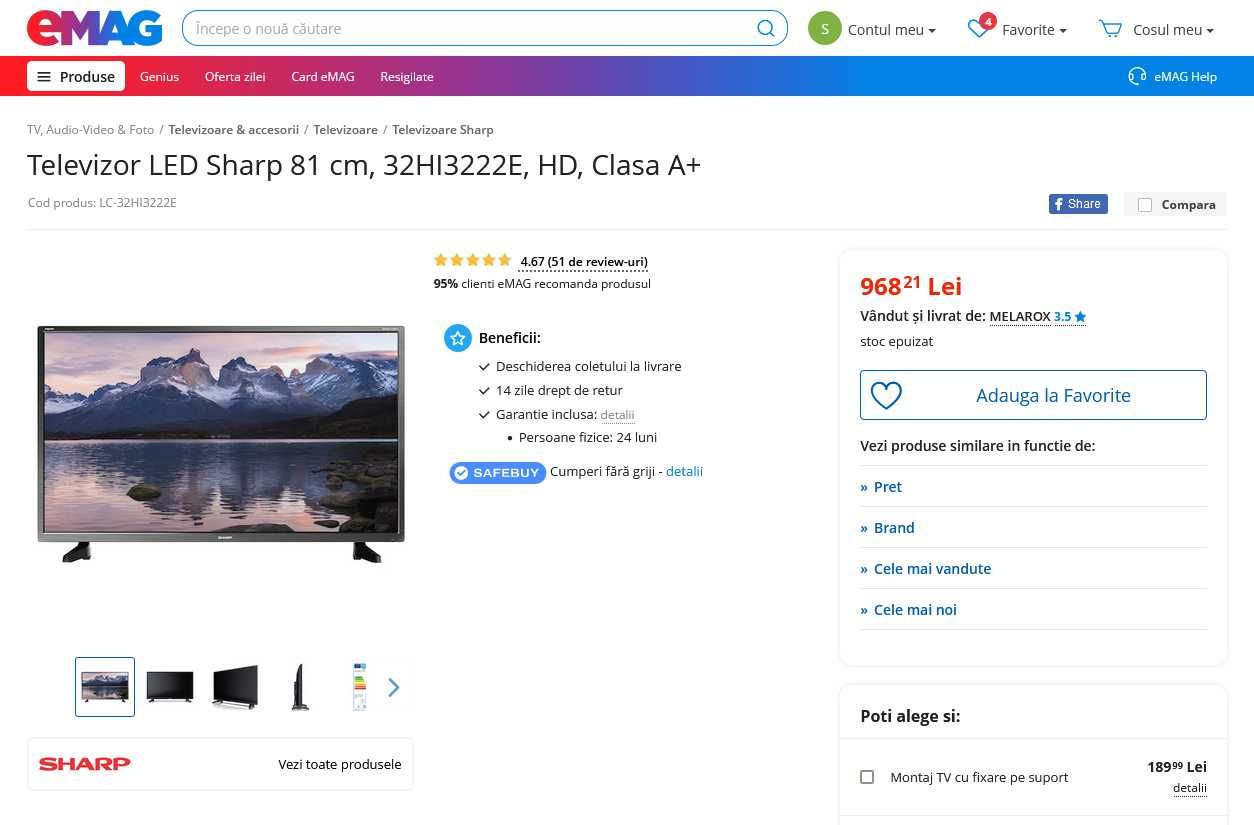 TV LED Sharp lc-32hi3222e 81cm, clasa A+ - DEFECT!